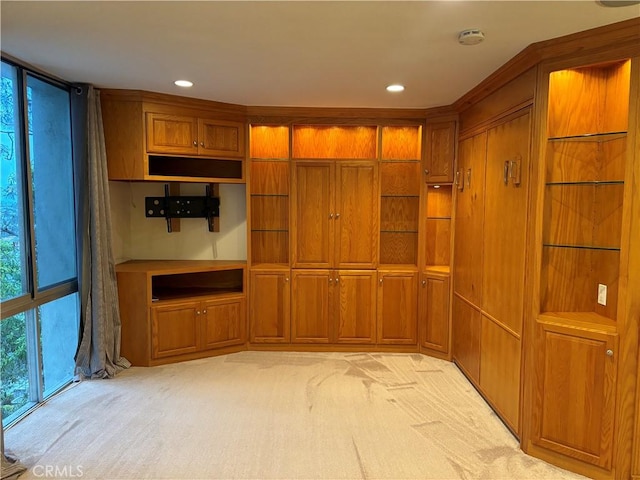 interior space with recessed lighting and light colored carpet