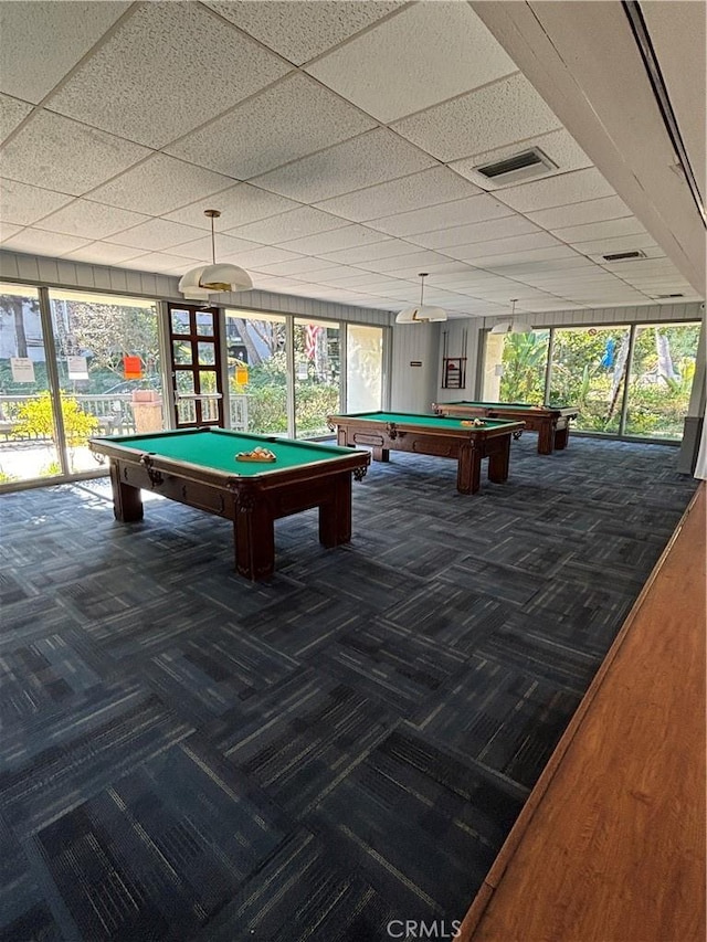 playroom with pool table, carpet flooring, and a wealth of natural light