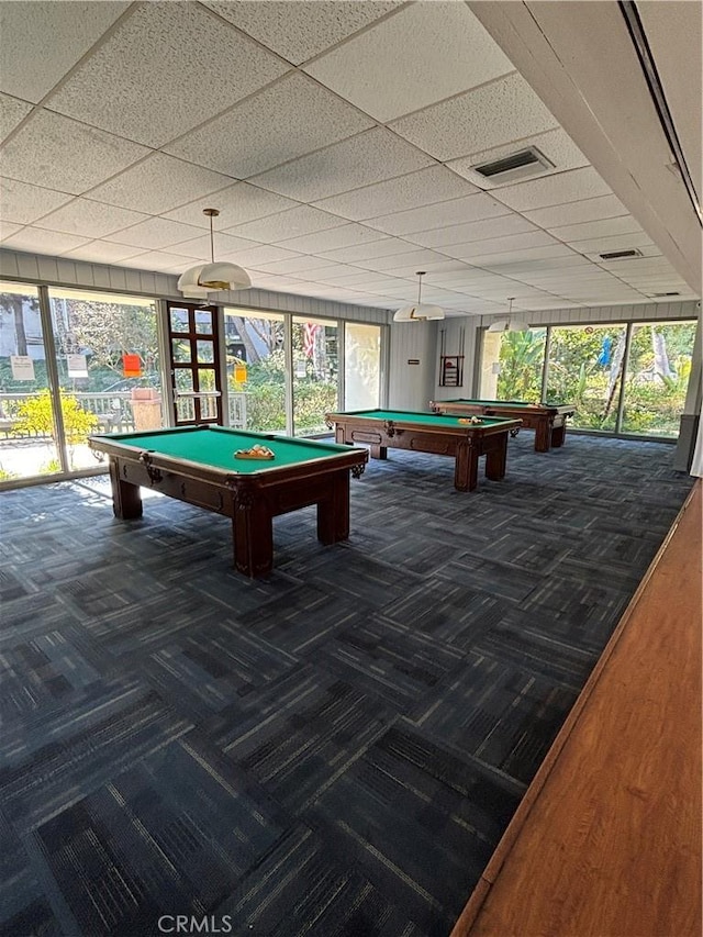 game room featuring carpet, visible vents, billiards, and a drop ceiling