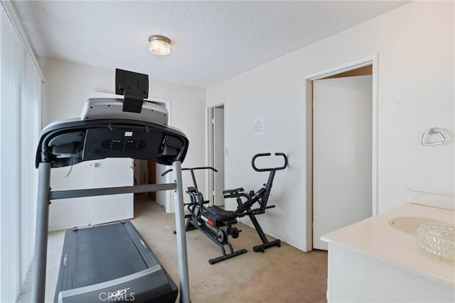 exercise room with light colored carpet and a textured ceiling