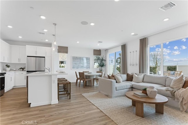 living room featuring sink and light hardwood / wood-style floors