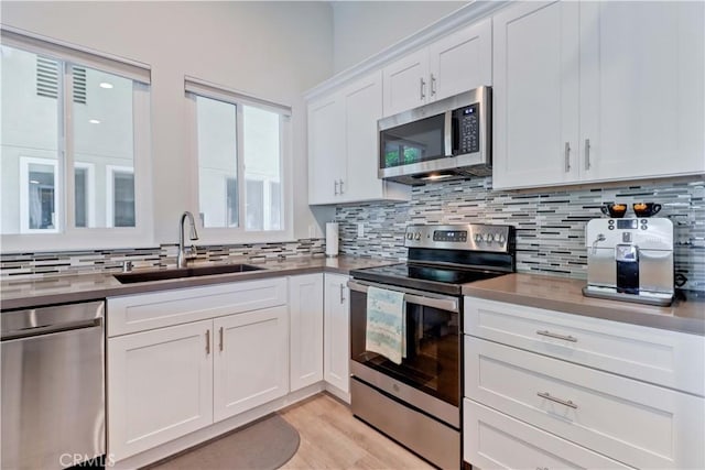 kitchen featuring sink, white cabinets, backsplash, light hardwood / wood-style floors, and stainless steel appliances