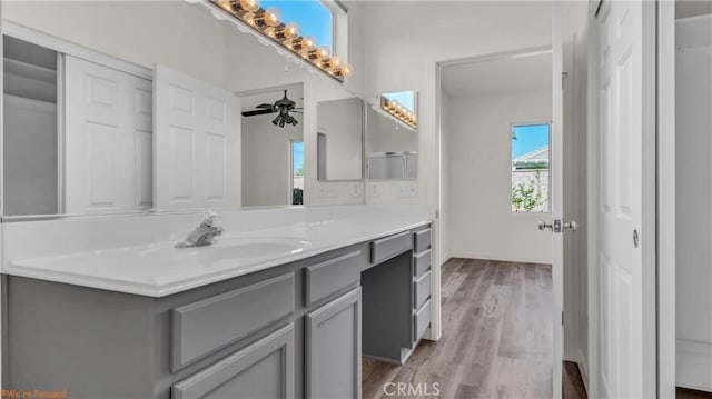 bathroom with ceiling fan, vanity, and wood finished floors