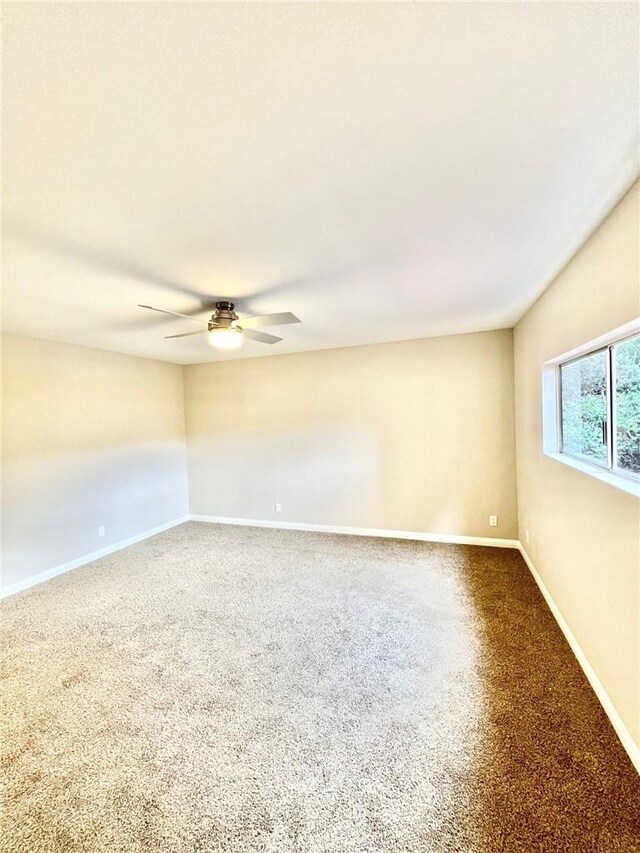 unfurnished room featuring ceiling fan and carpet