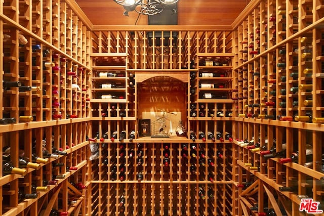 wine cellar with crown molding