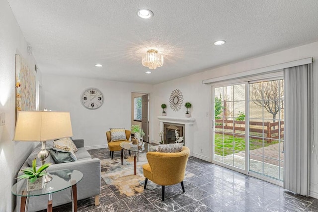 living room featuring a textured ceiling