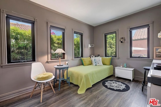 bedroom featuring crown molding and dark hardwood / wood-style floors