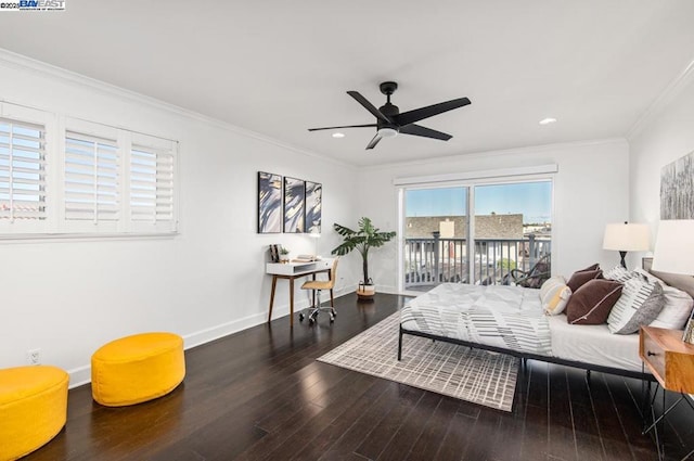 bedroom with dark wood-type flooring, ceiling fan, access to exterior, and crown molding