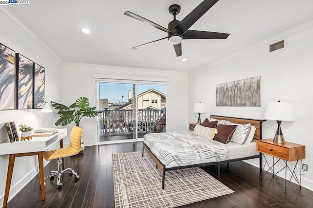 bedroom featuring ornamental molding, access to outside, ceiling fan, and dark hardwood / wood-style flooring