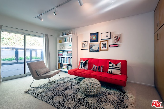 living room featuring carpet flooring and rail lighting