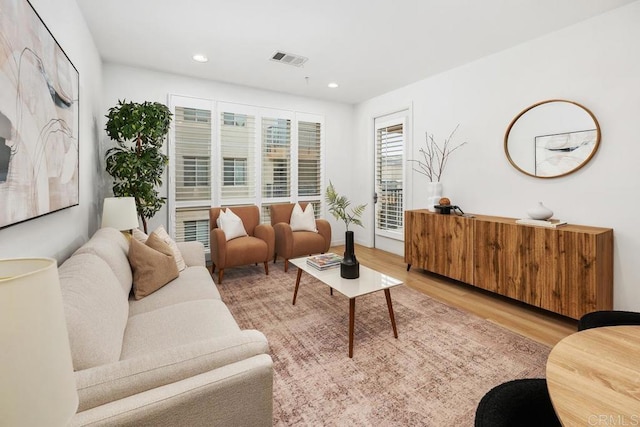 living room with light hardwood / wood-style flooring