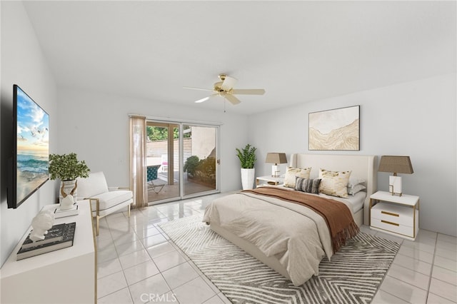 tiled bedroom featuring access to exterior and ceiling fan