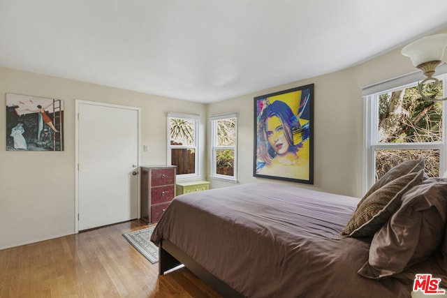 bedroom featuring light hardwood / wood-style floors and multiple windows