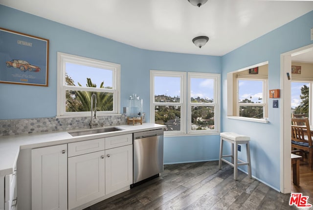 kitchen with white cabinetry, dishwasher, sink, decorative backsplash, and dark wood-type flooring