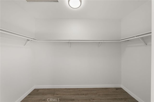 walk in closet with dark hardwood / wood-style floors