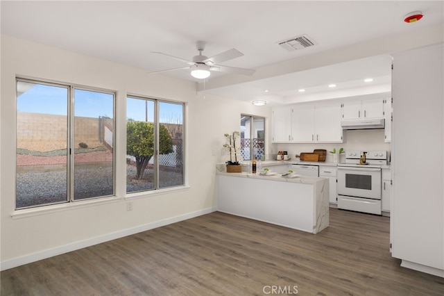 kitchen featuring dark wood-type flooring, white cabinetry, electric range, kitchen peninsula, and ceiling fan