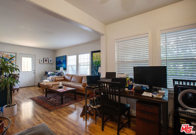 home office with plenty of natural light and hardwood / wood-style floors