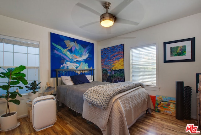 bedroom with ceiling fan and hardwood / wood-style floors