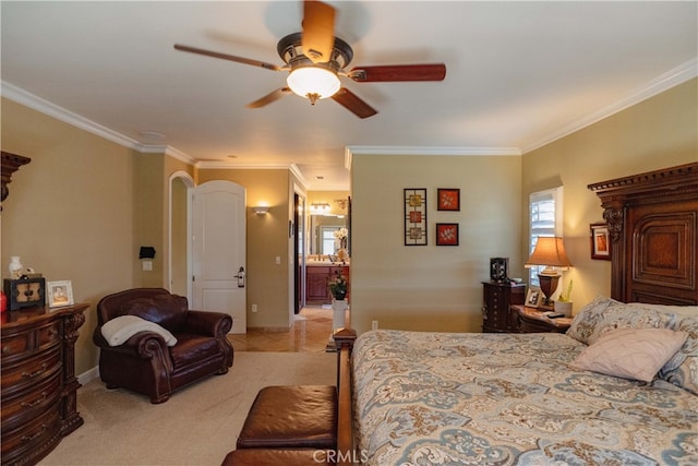 bedroom featuring ornamental molding, light carpet, and ceiling fan