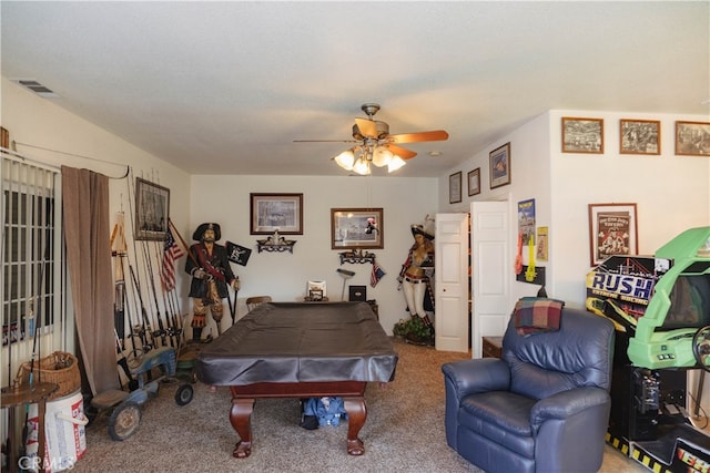 game room with ceiling fan, billiards, and carpet floors