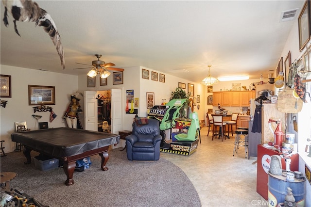 rec room with ceiling fan and billiards