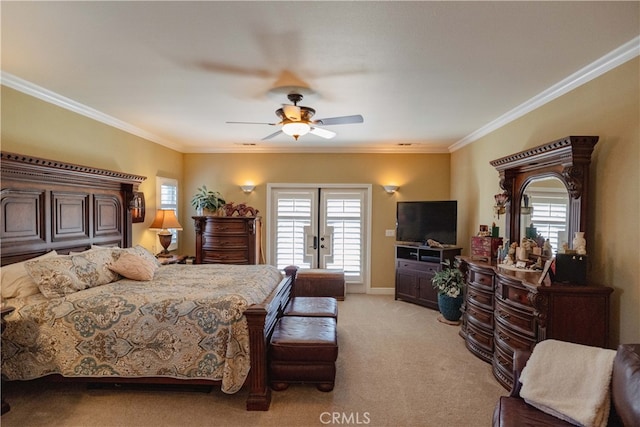 bedroom featuring crown molding, ceiling fan, access to exterior, and light carpet