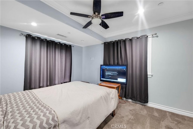 carpeted bedroom with crown molding and ceiling fan