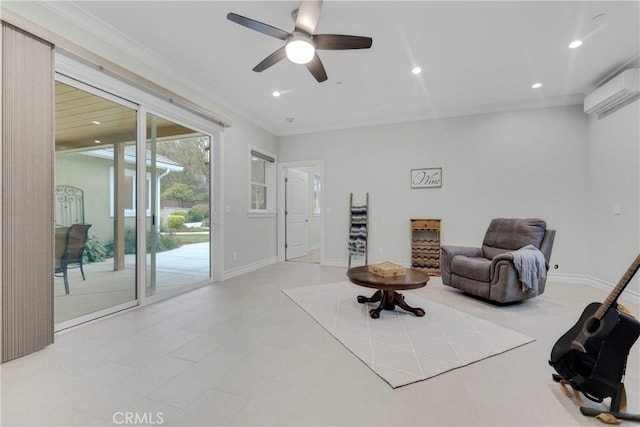 living area with ceiling fan, ornamental molding, and a wall unit AC