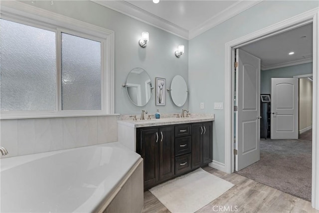 bathroom with ornamental molding, wood-type flooring, vanity, and a tub