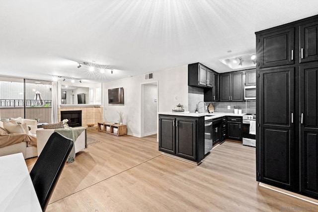 kitchen featuring sink, tasteful backsplash, light wood-type flooring, appliances with stainless steel finishes, and a tiled fireplace