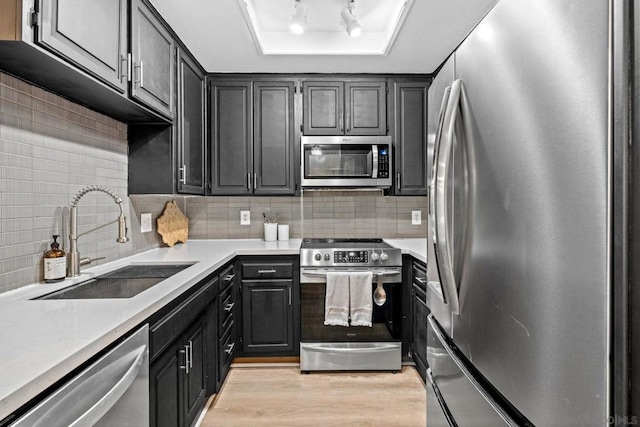 kitchen featuring sink, appliances with stainless steel finishes, backsplash, light hardwood / wood-style floors, and a raised ceiling