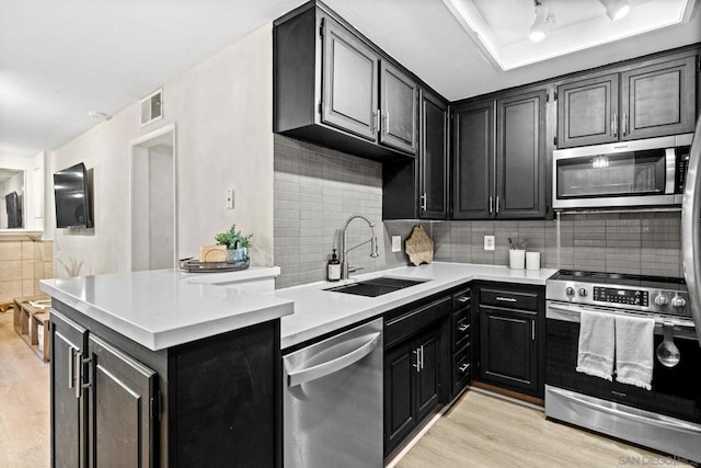 kitchen featuring appliances with stainless steel finishes, tasteful backsplash, sink, a tray ceiling, and light wood-type flooring