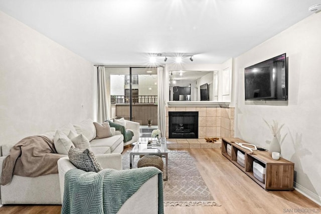 living room with hardwood / wood-style flooring and a fireplace