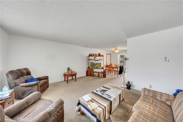 34473 Arbor Way, Yucaipa, CA 92399 - carpeted living room featuring a textured ceiling and a ceiling fan