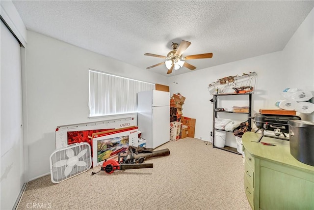 interior space featuring ceiling fan, carpet flooring, and a textured ceiling