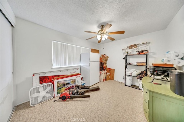 interior space featuring a ceiling fan, a textured ceiling, and carpet