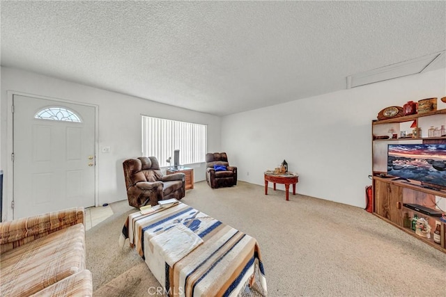 carpeted living room with a textured ceiling