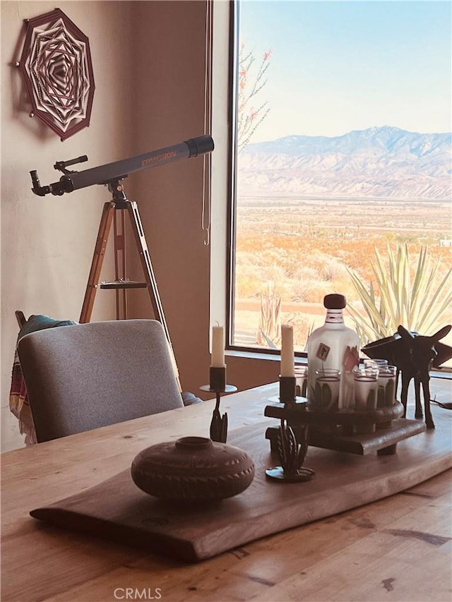 living area featuring a mountain view and hardwood / wood-style floors