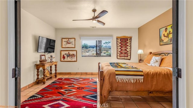 bedroom featuring light tile patterned flooring, visible vents, and a ceiling fan