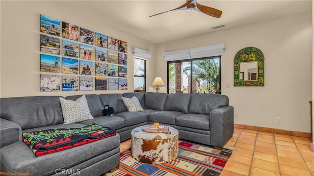 living room featuring visible vents, ceiling fan, baseboards, and tile patterned floors