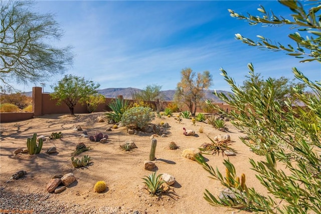 view of yard featuring fence and a mountain view