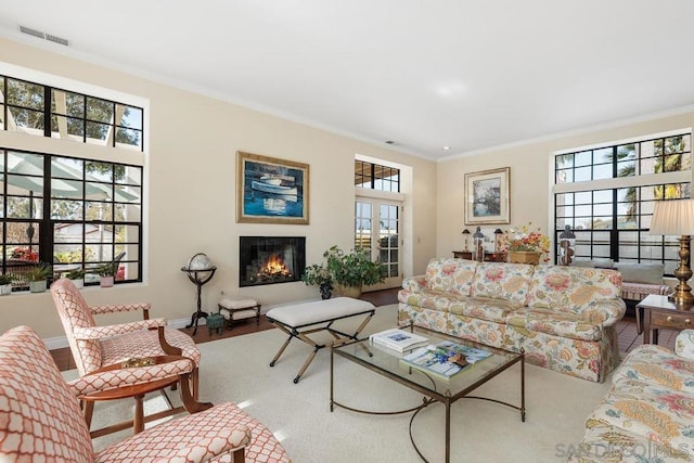 living room with crown molding