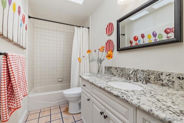 full bathroom featuring shower / bath combination with curtain, vanity, toilet, and tile patterned flooring