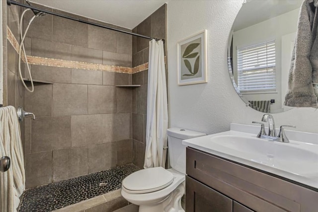 bathroom with vanity, curtained shower, and toilet