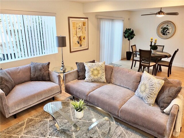 living room with ceiling fan and light hardwood / wood-style flooring