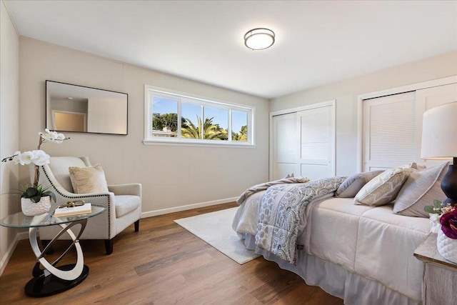 bedroom with hardwood / wood-style floors and multiple closets