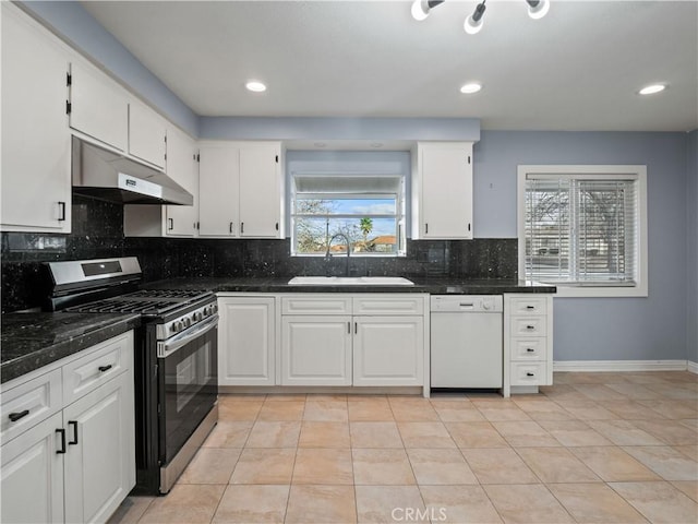 kitchen featuring stainless steel range with gas cooktop, dishwasher, sink, and white cabinets