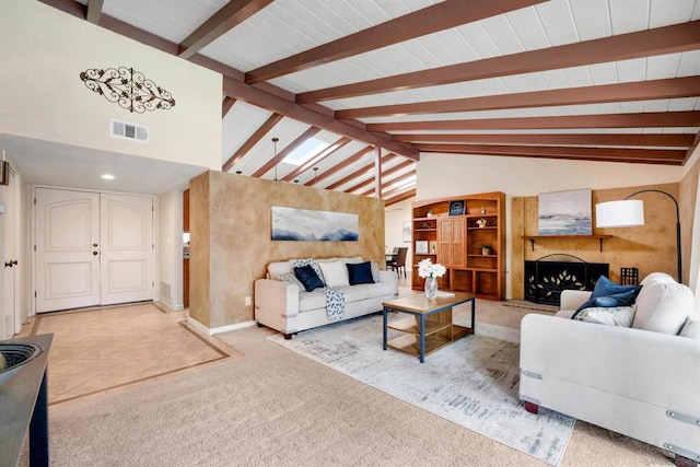 living room featuring beamed ceiling, carpet, high vaulted ceiling, and a fireplace