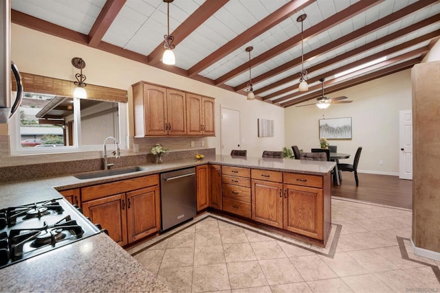 kitchen with sink, lofted ceiling with beams, stainless steel dishwasher, kitchen peninsula, and pendant lighting