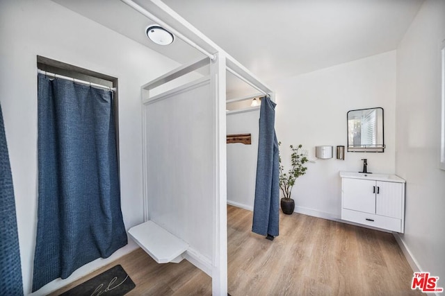 bathroom with hardwood / wood-style flooring and vanity